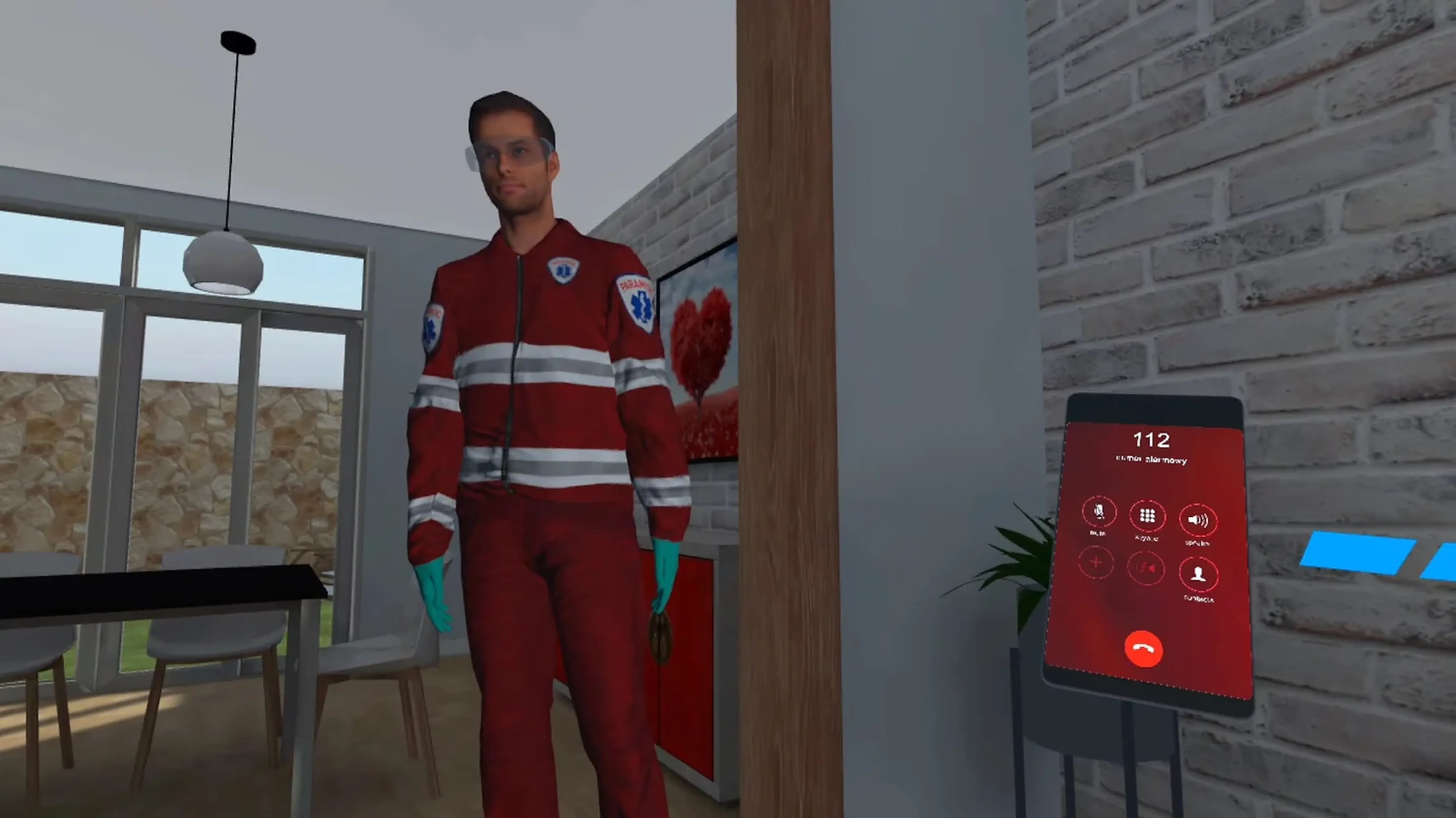 A virtual paramedic in a home, next to a phone showing a call to the emergency number 112