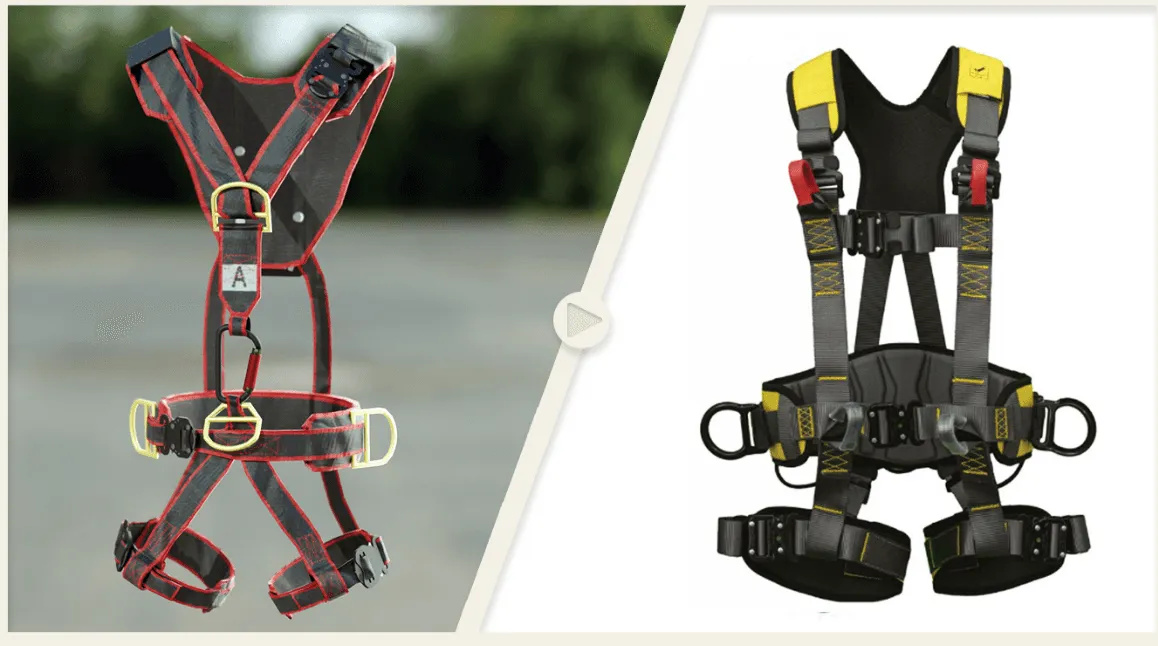 Arnés de seguridad Gravity Plus 1: a la izquierda, el modelo de la formación VR; a la derecha, el arnés real