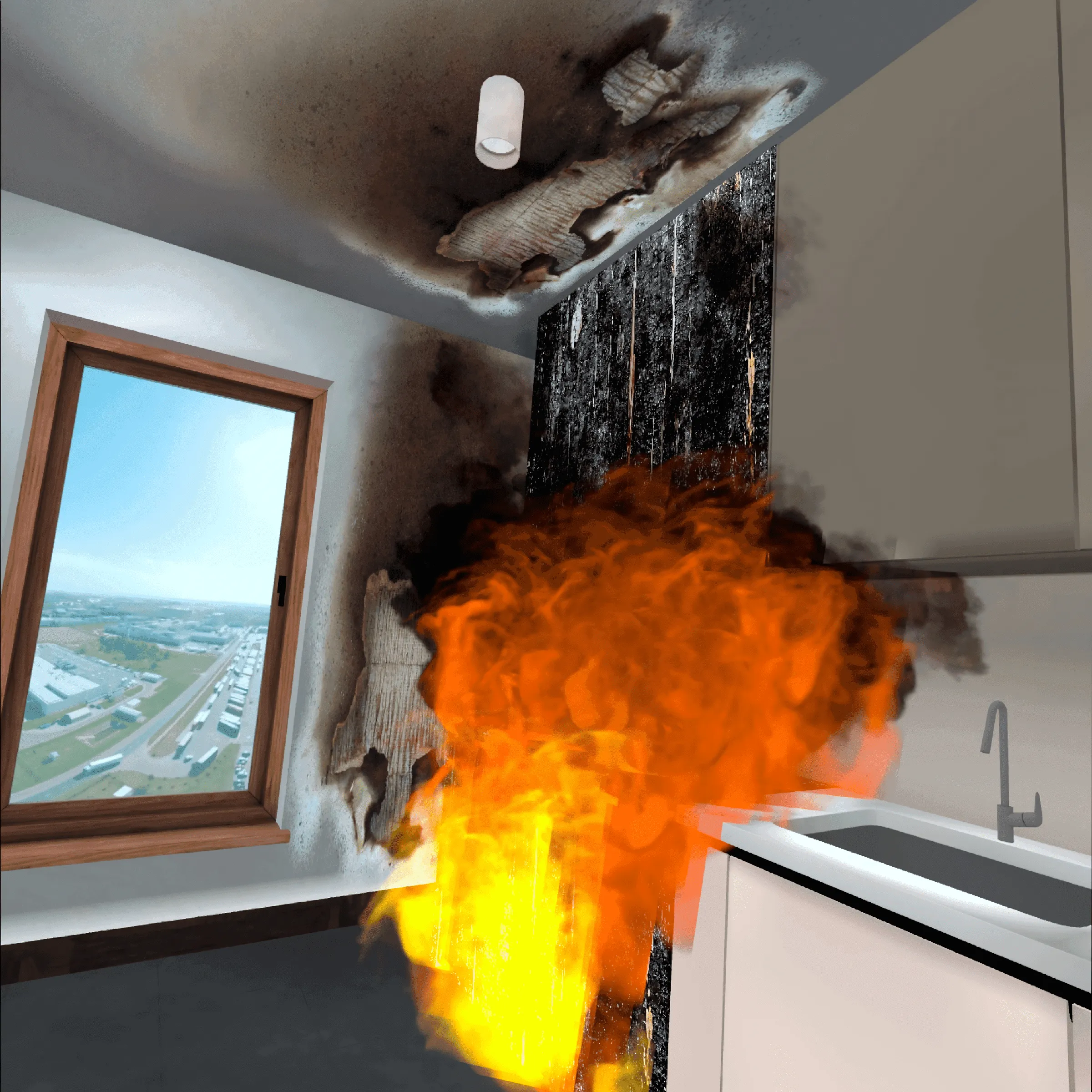 A kitchen fire in an EHS VR training application