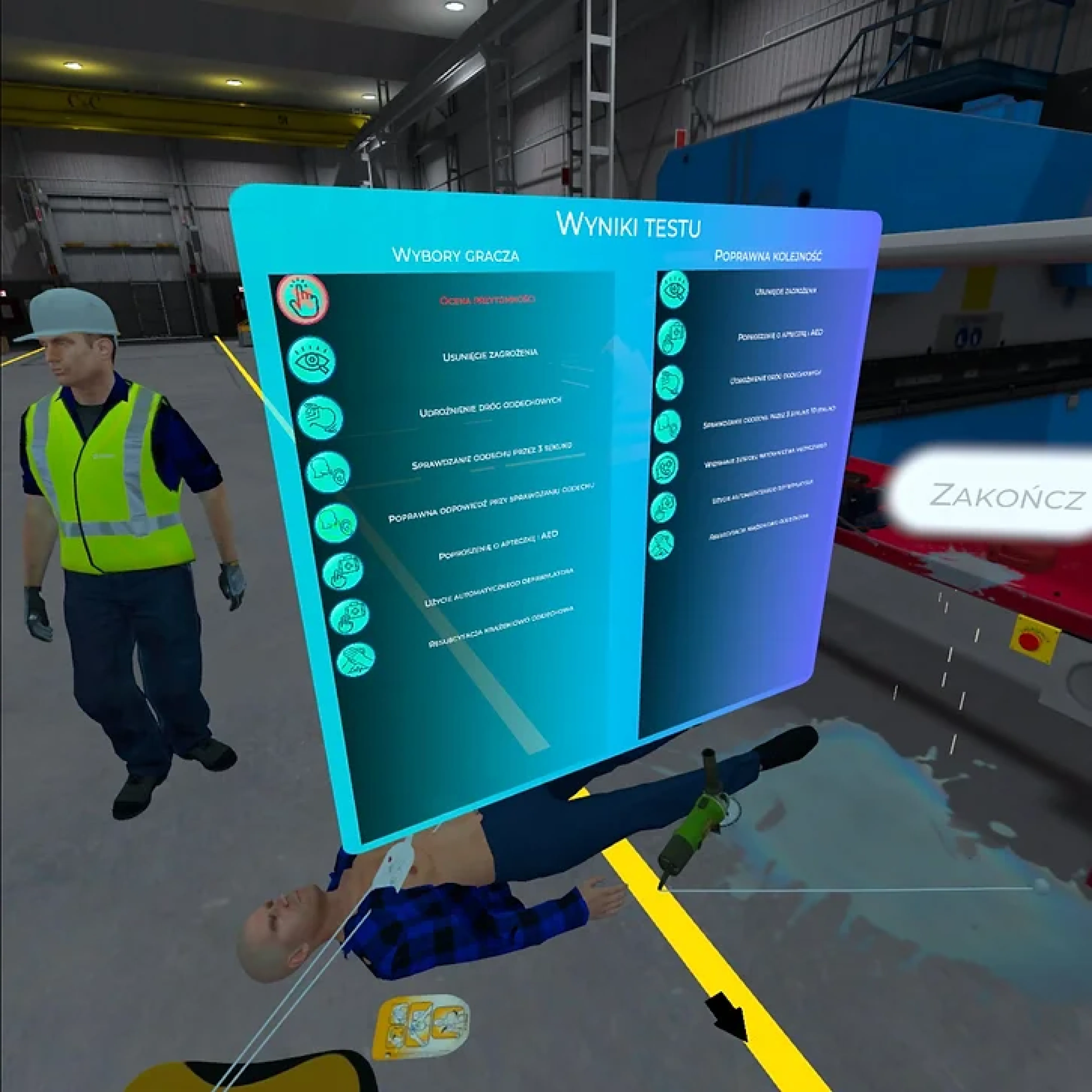 The test results screen in a VR first aid scenario in a factory, with a casualty on the floor (Polish interface)