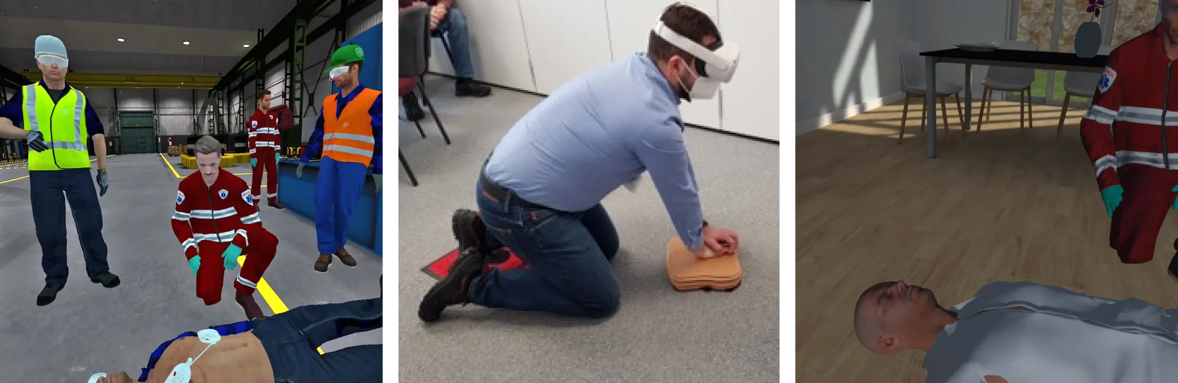 Three views of VR first aid training: a casualty in a virtual factory, a man in a VR headset doing chest compressions on a manikin, and a virtual casualty on the floor
