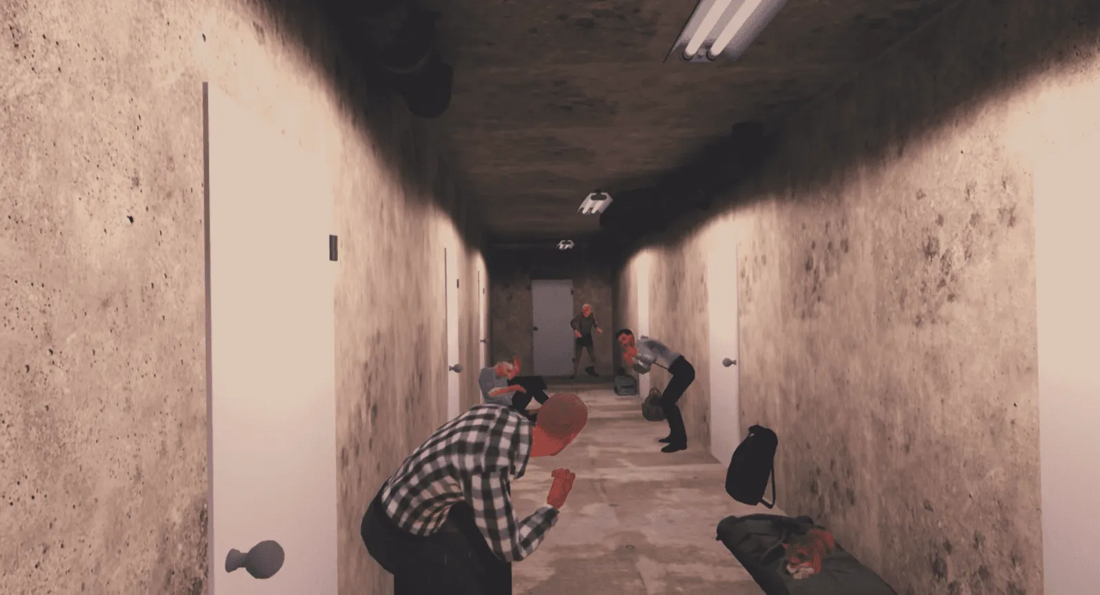 Residents leaving through a building corridor during the VR home evacuation.