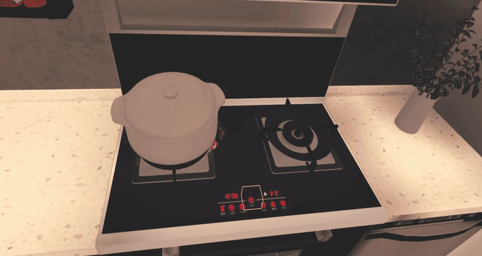 Kitchen stove with a pot in the VR scenario: turning off appliances before leaving home.