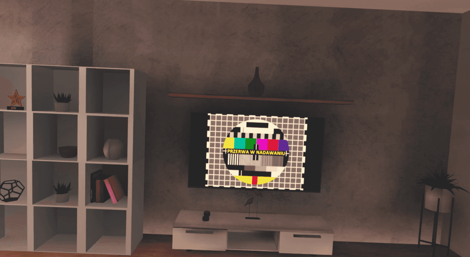 Living room in the VR scenario with a TV showing a test card during the air-raid alarm.