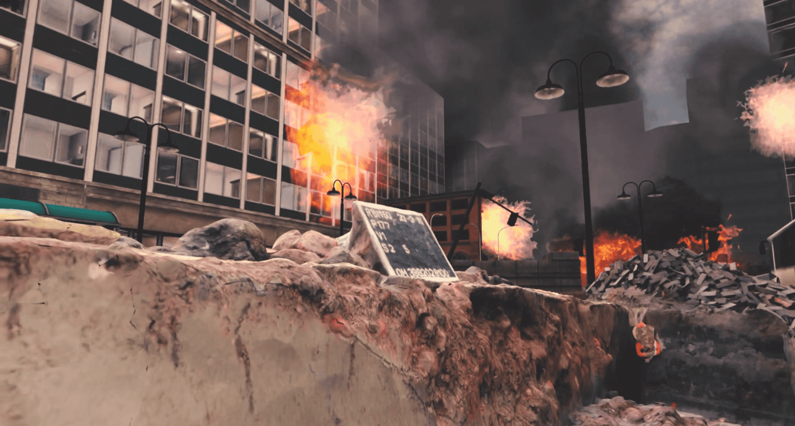 City street after an air strike in the VR lesson, with rubble and fires.
