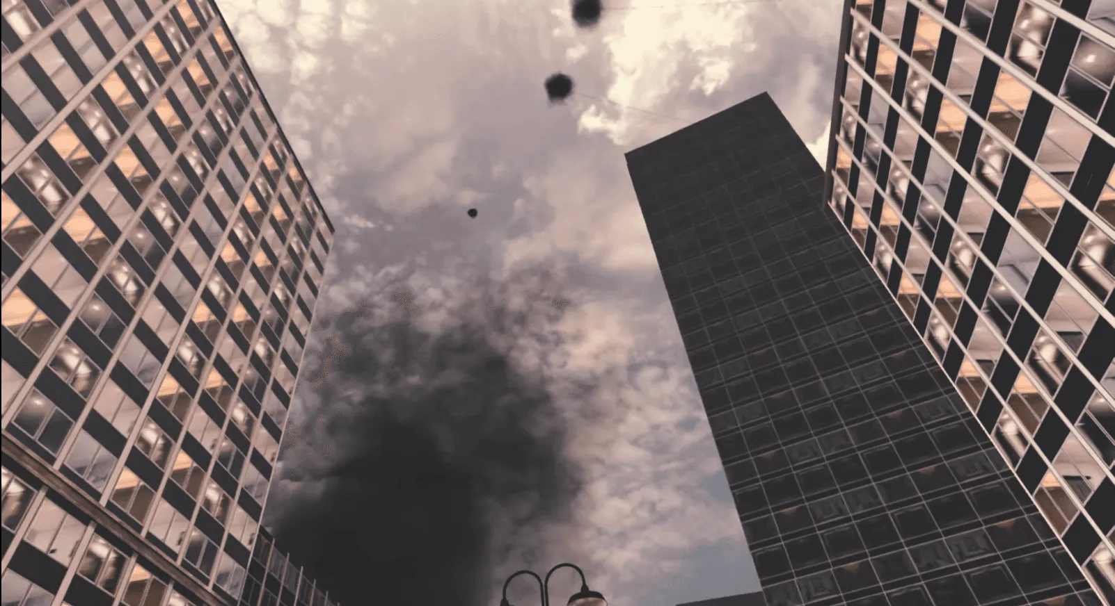 View up between high-rise buildings with smoke and debris during the VR air raid.