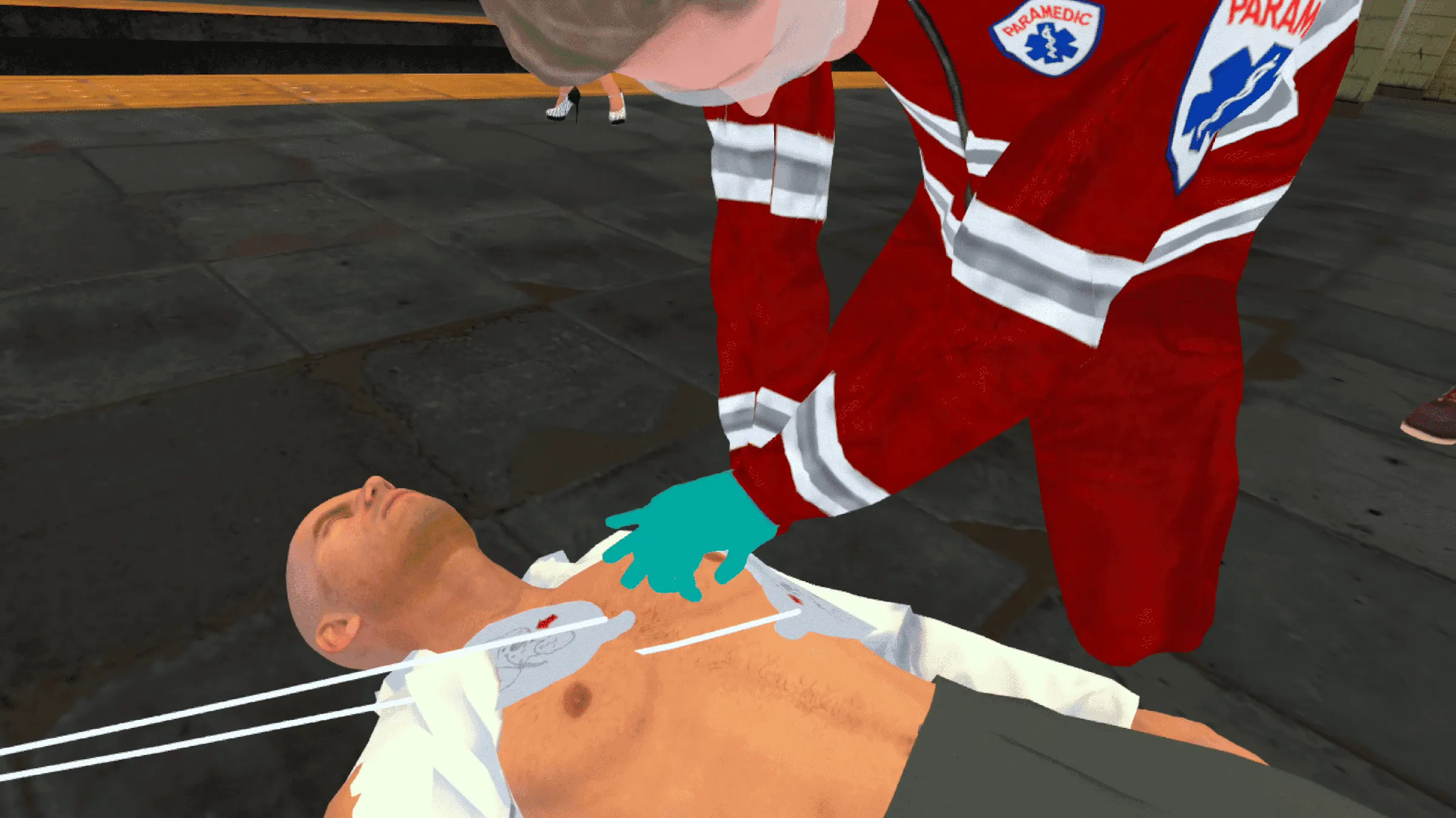 A virtual paramedic performing chest compressions on an injured worker in a VR first aid scenario