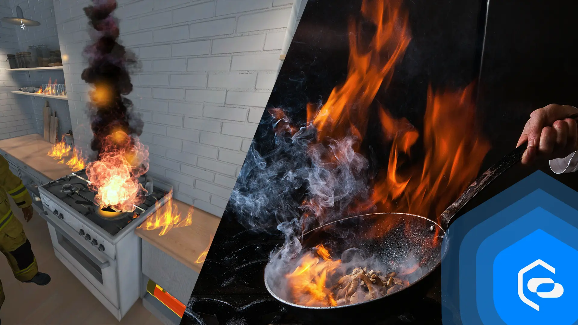 Poêle en feu sur une cuisinière dans une simulation VR, à côté d’une vraie poêle d’huile enflammée
