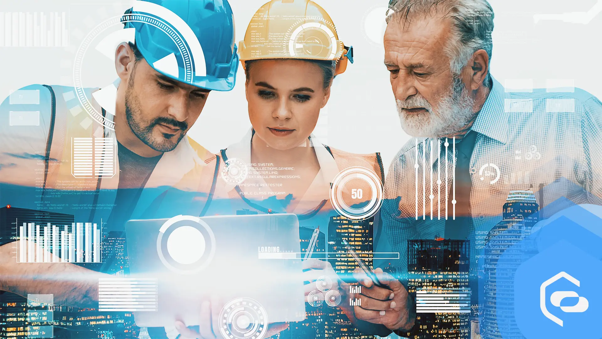 Three workers, two in hard hats, looking at a tablet surrounded by digital data overlays