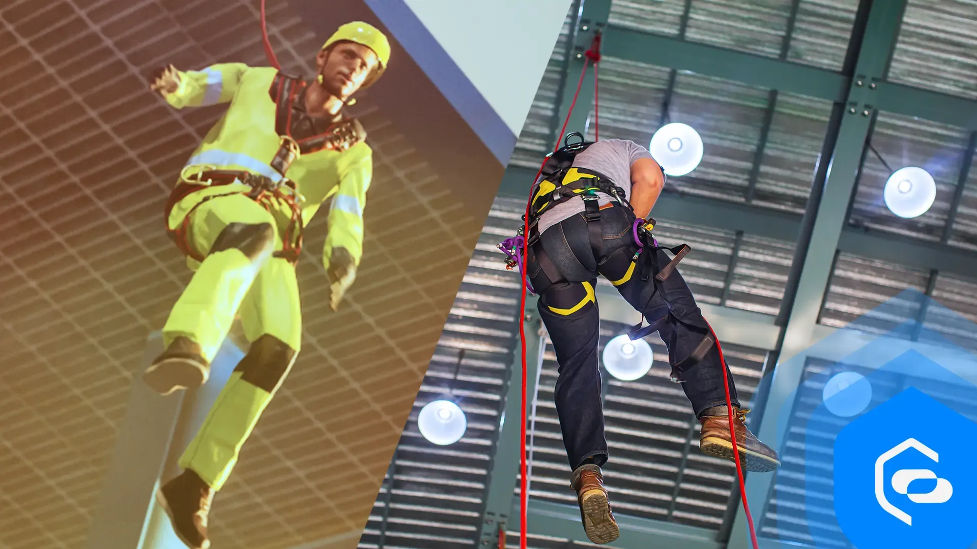 Two figures, one human and one virtual, hanging in a harness after a fall from height