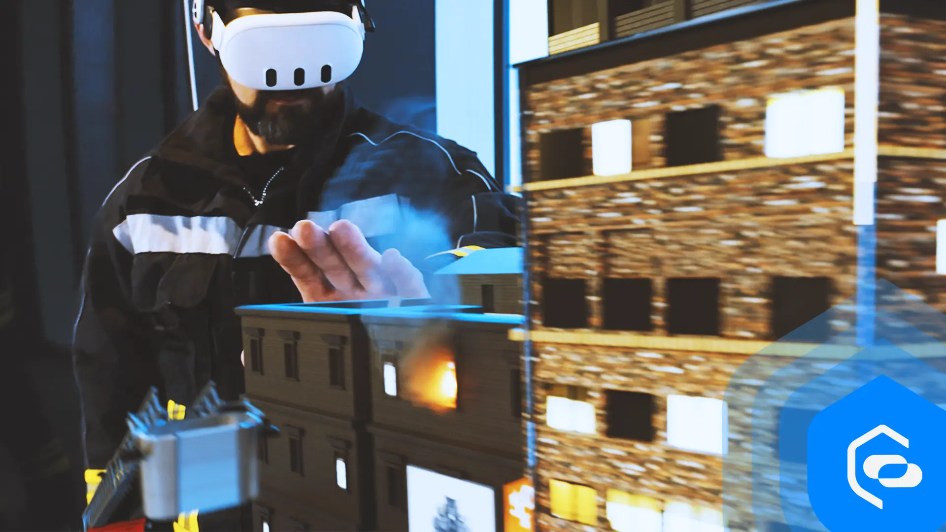 A firefighter in a VR headset reaching towards a virtual building model