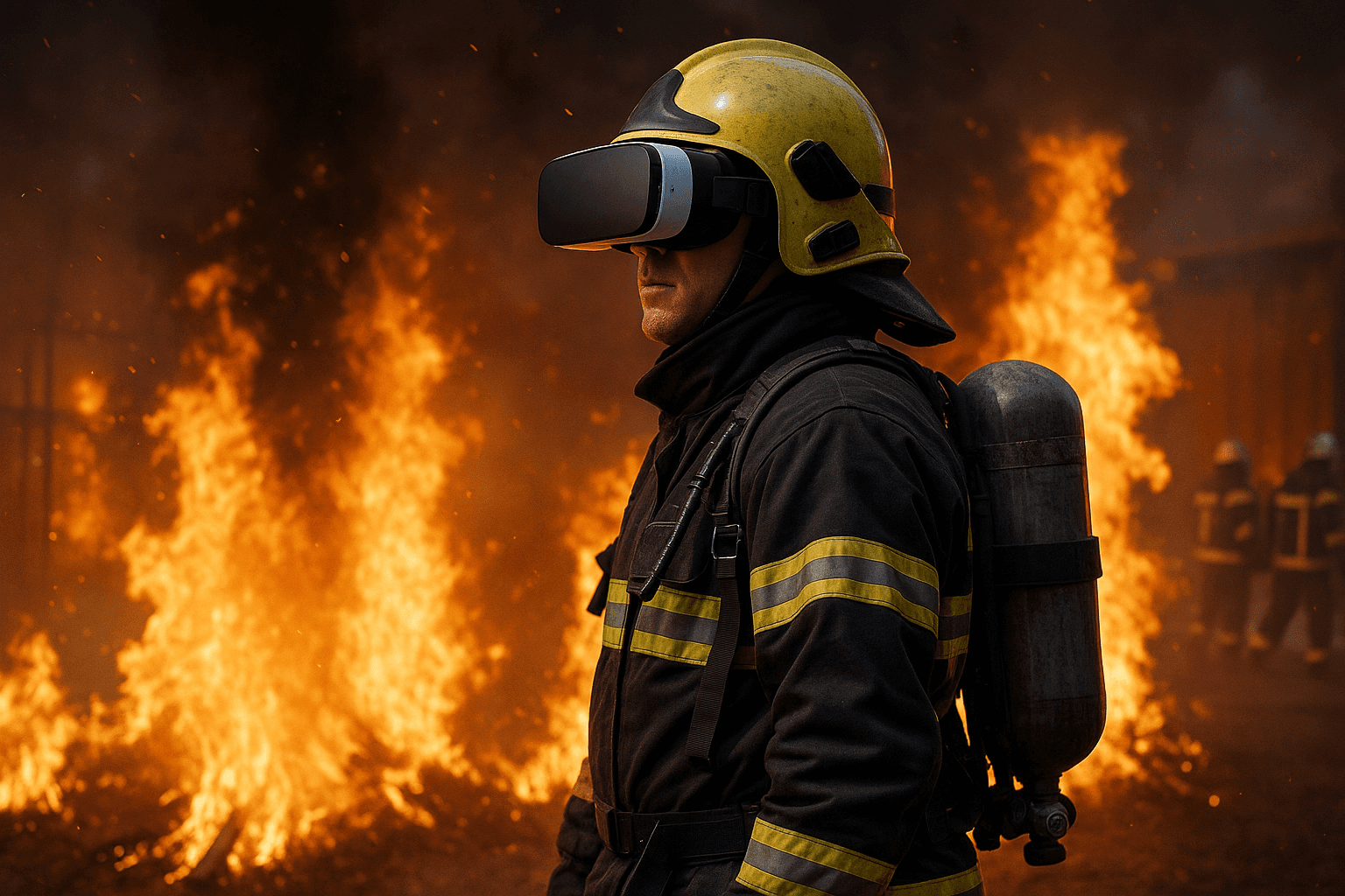 Firefighter in a breathing apparatus and a VR headset in front of flames