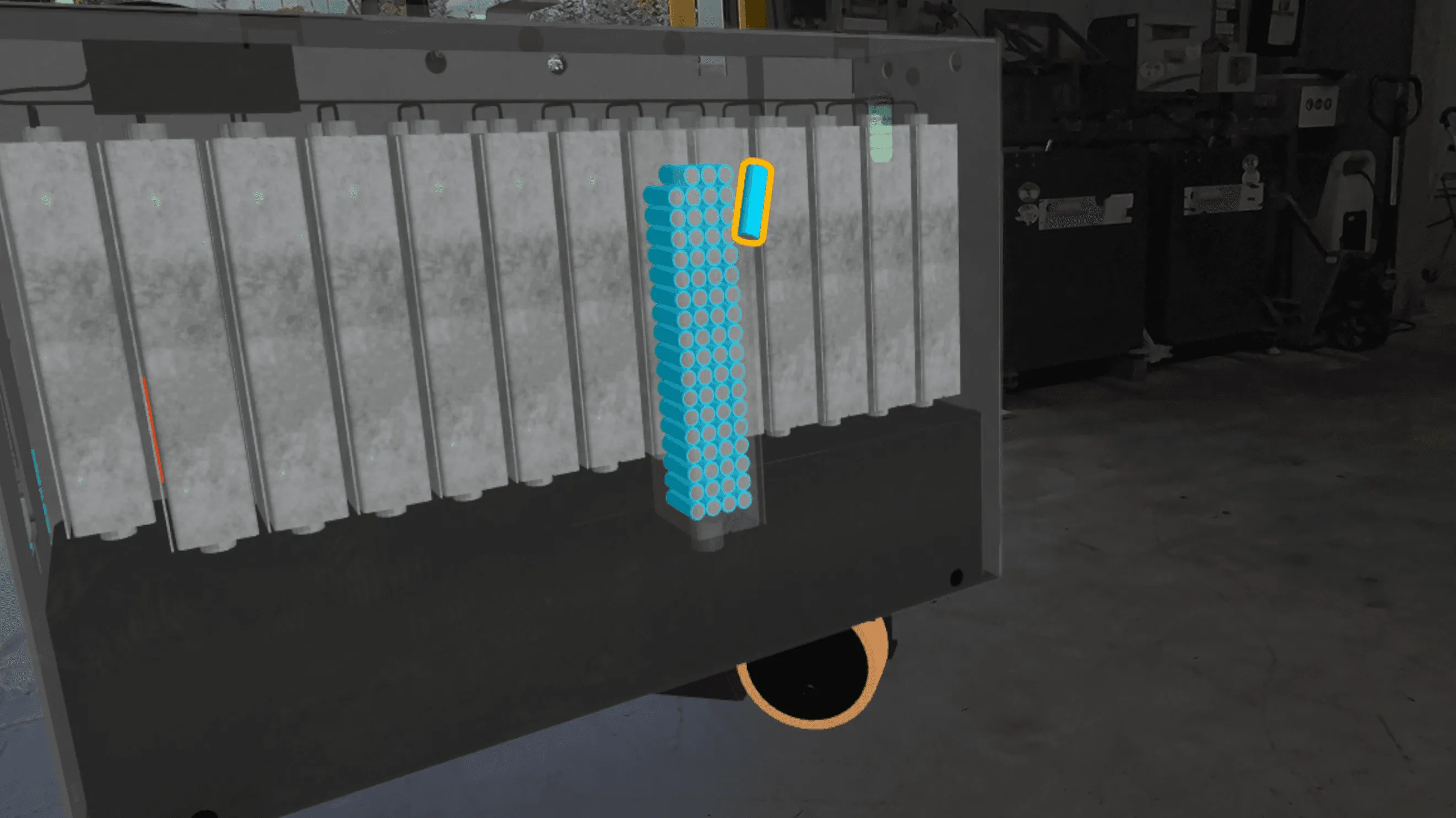 Close-up of the battery modules and a single highlighted cell in the Forklift Fire VR training.