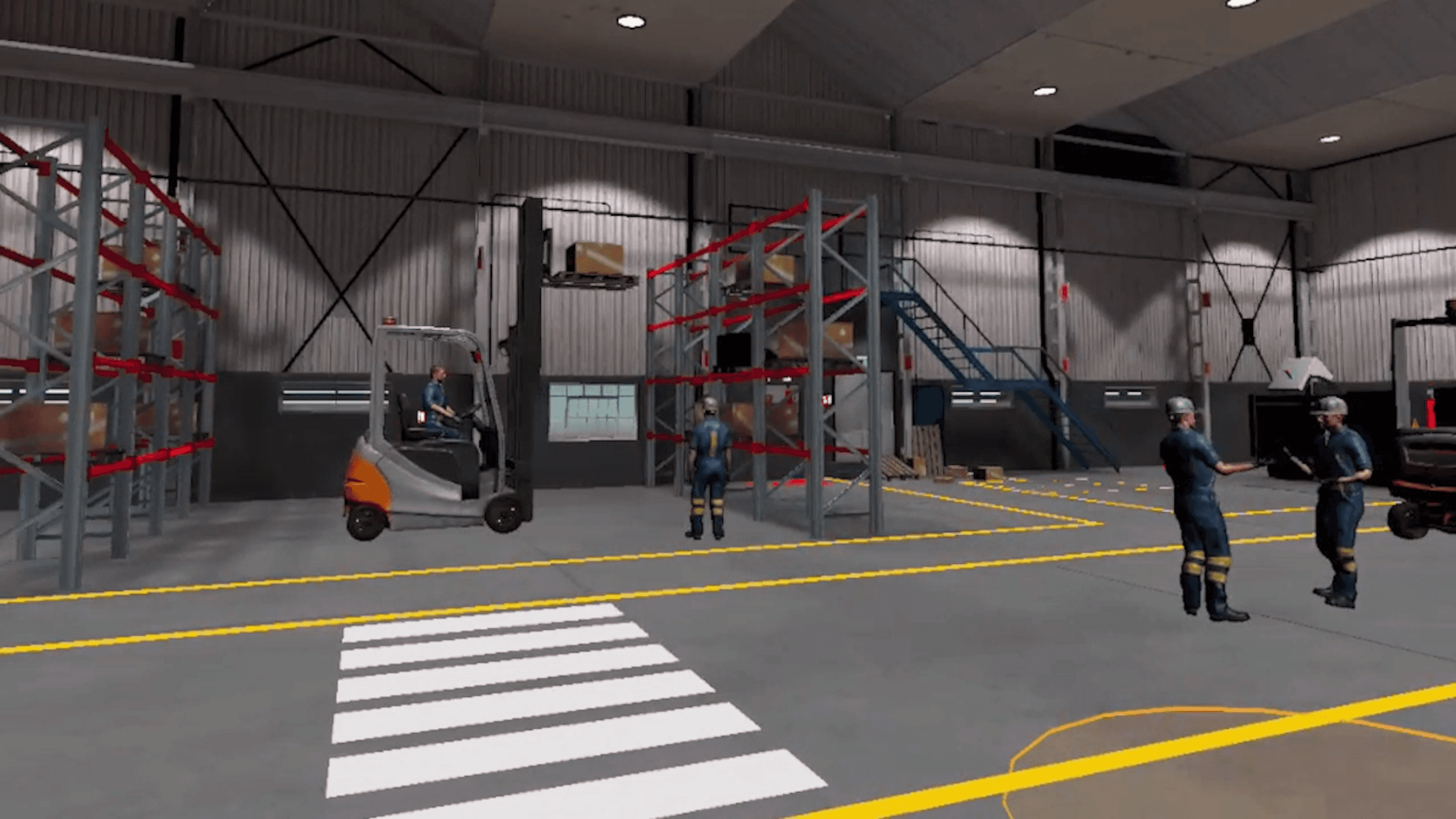 In-headset view from the Hazard Identification VR training: a production hall with racks, a forklift and co-workers