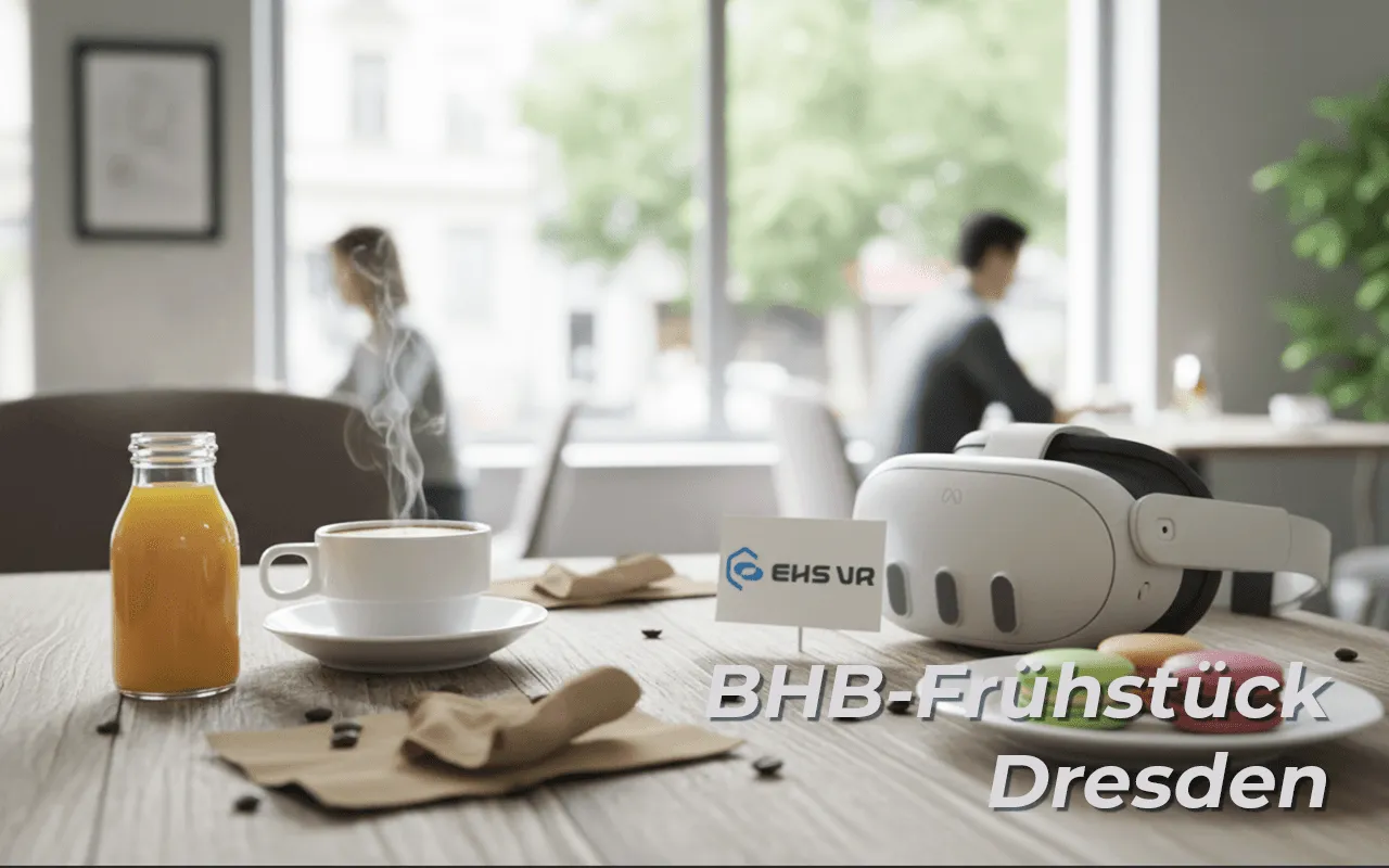 A VR headset on a café table next to coffee, orange juice and macarons, with the caption BHB-Frühstück Dresden