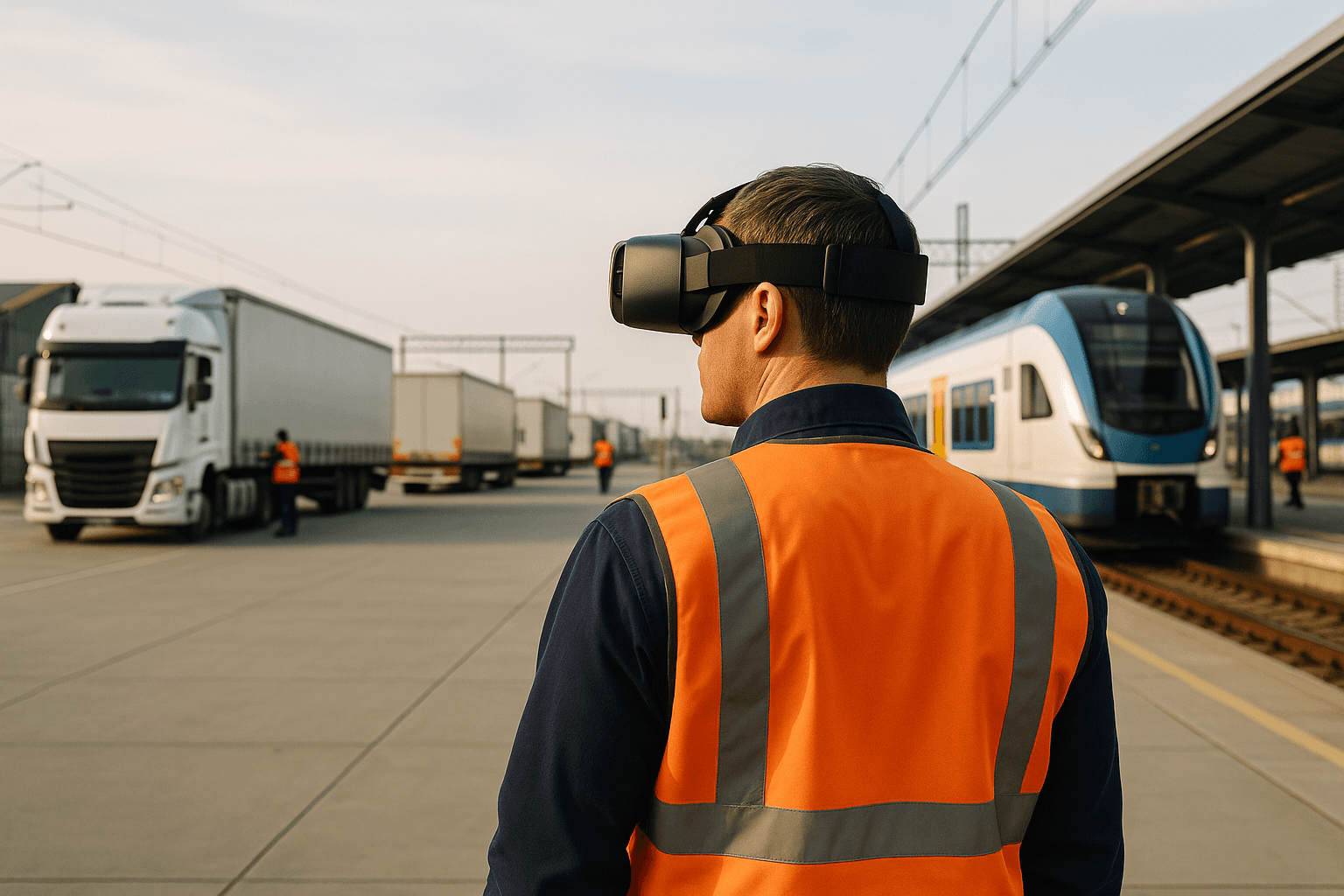 Logistics worker in a VR headset facing trucks and a passenger train