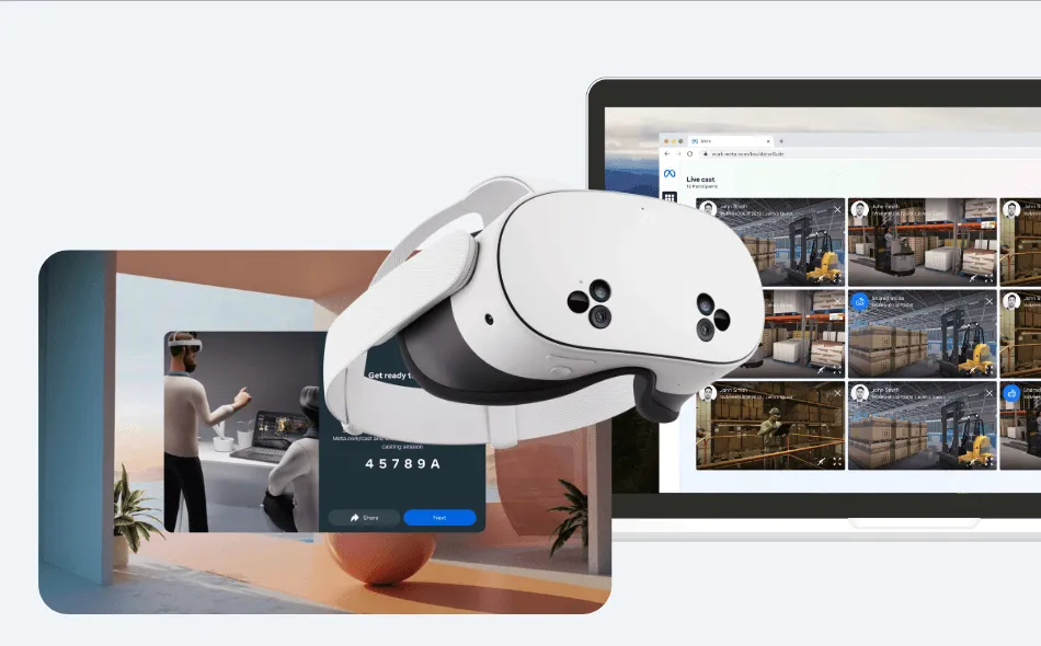 Meta Quest headset next to a laptop showing a device management dashboard