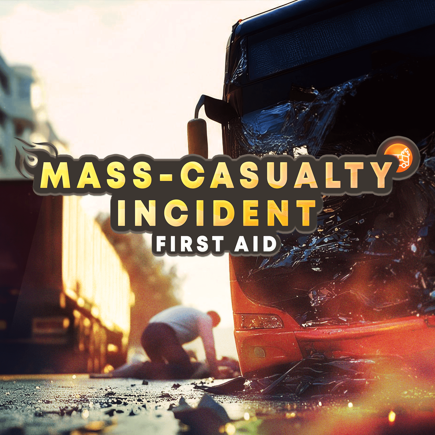 Cover art: Mass-Casualty Incident First Aid, rescuer next to a casualty by a crashed bus