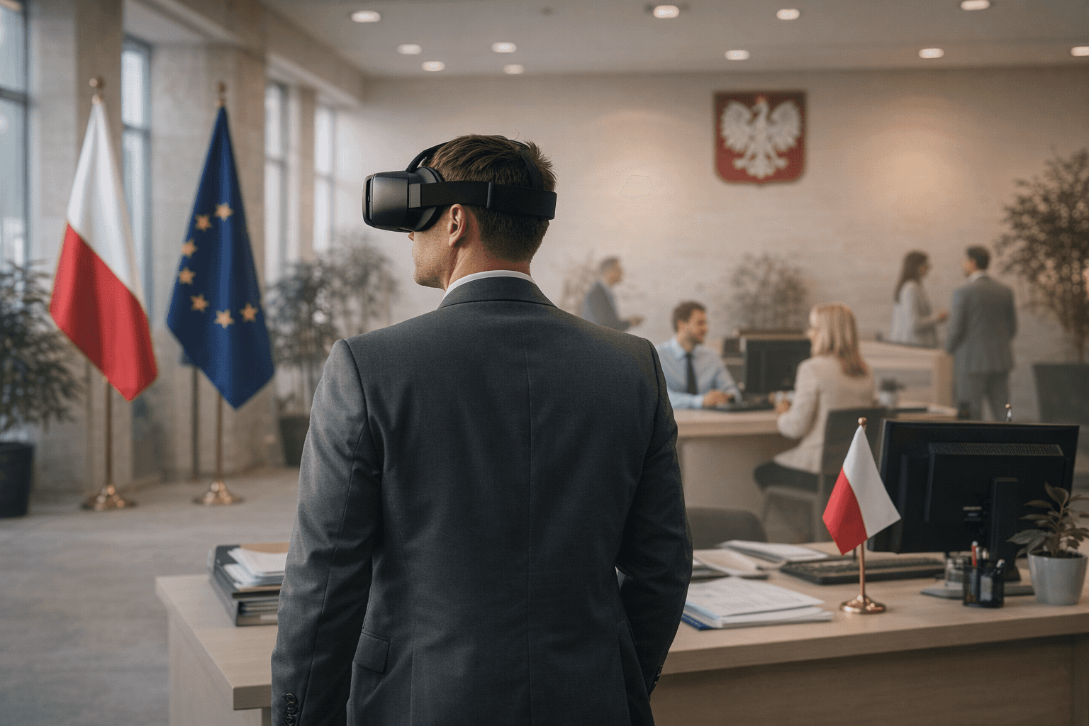 Municipal office with Polish and EU flags and a person in a VR headset