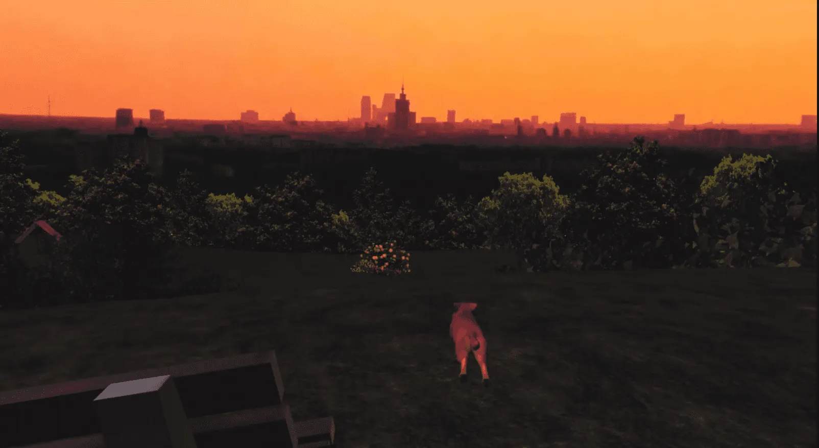 City skyline at dusk seen from a garden in the nuclear explosion VR lesson.