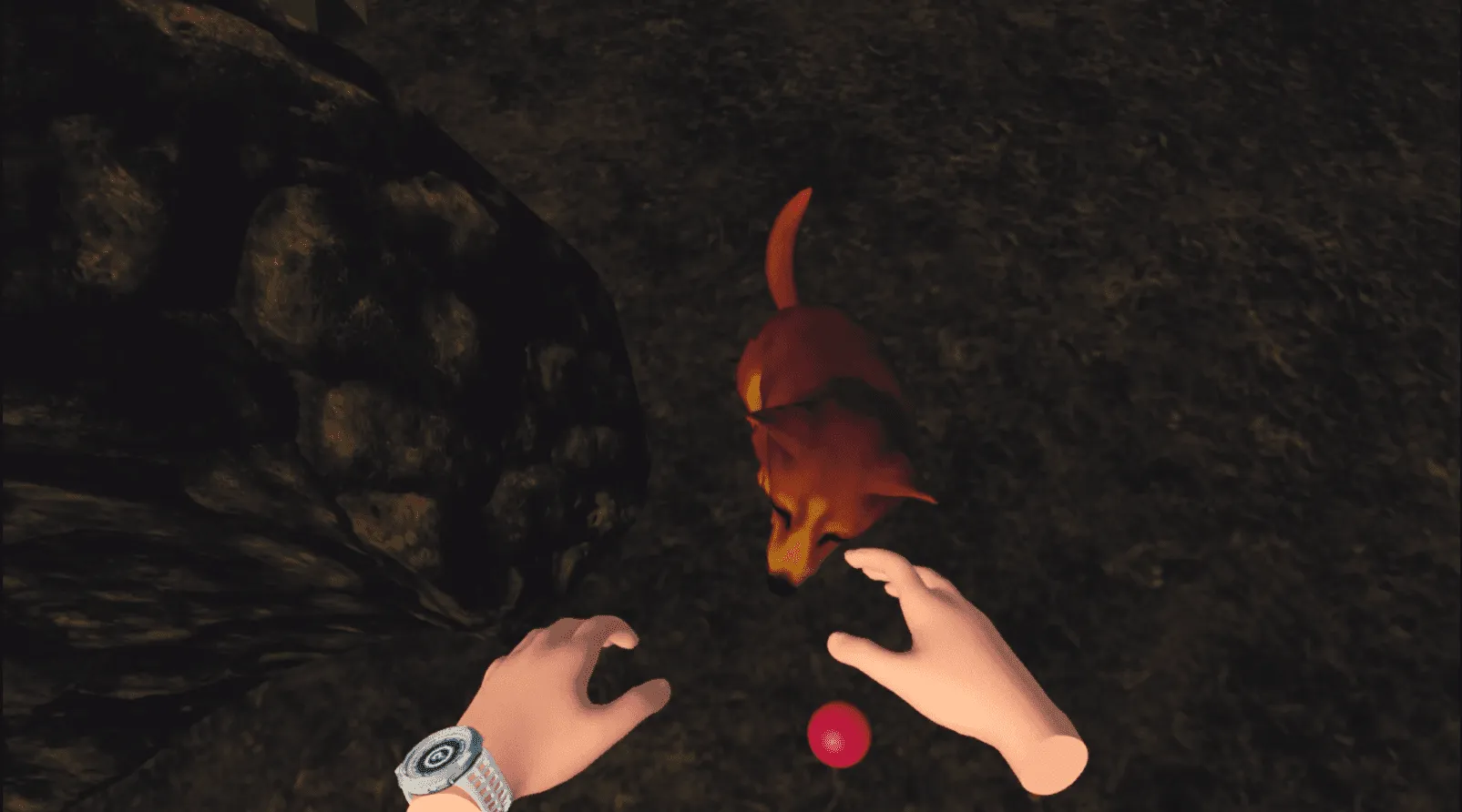 VR hands next to a dog in a dark outdoor scene during the nuclear explosion lesson.