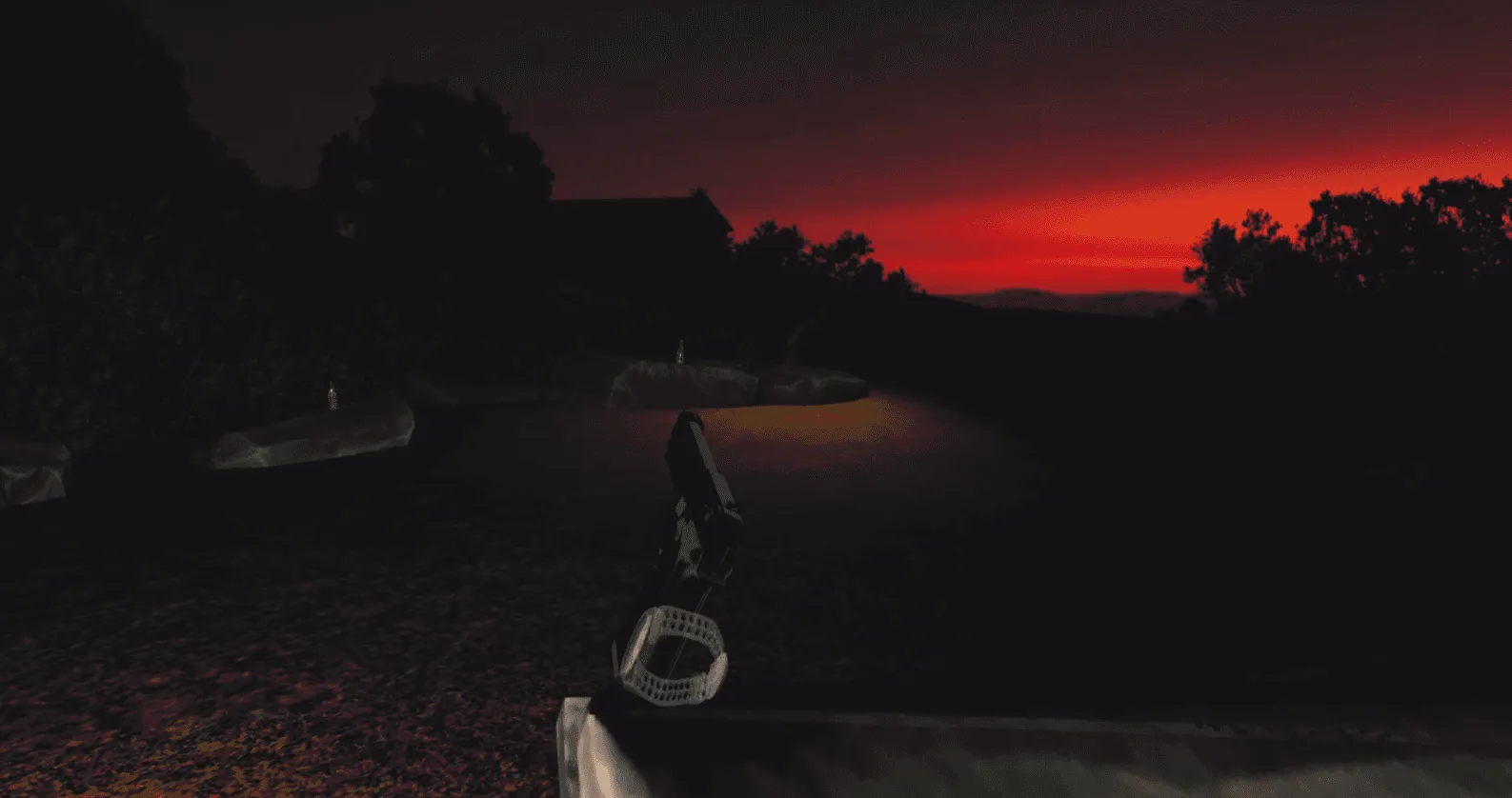 Participant’s view in a dark garden after a nuclear incident in the VR lesson.