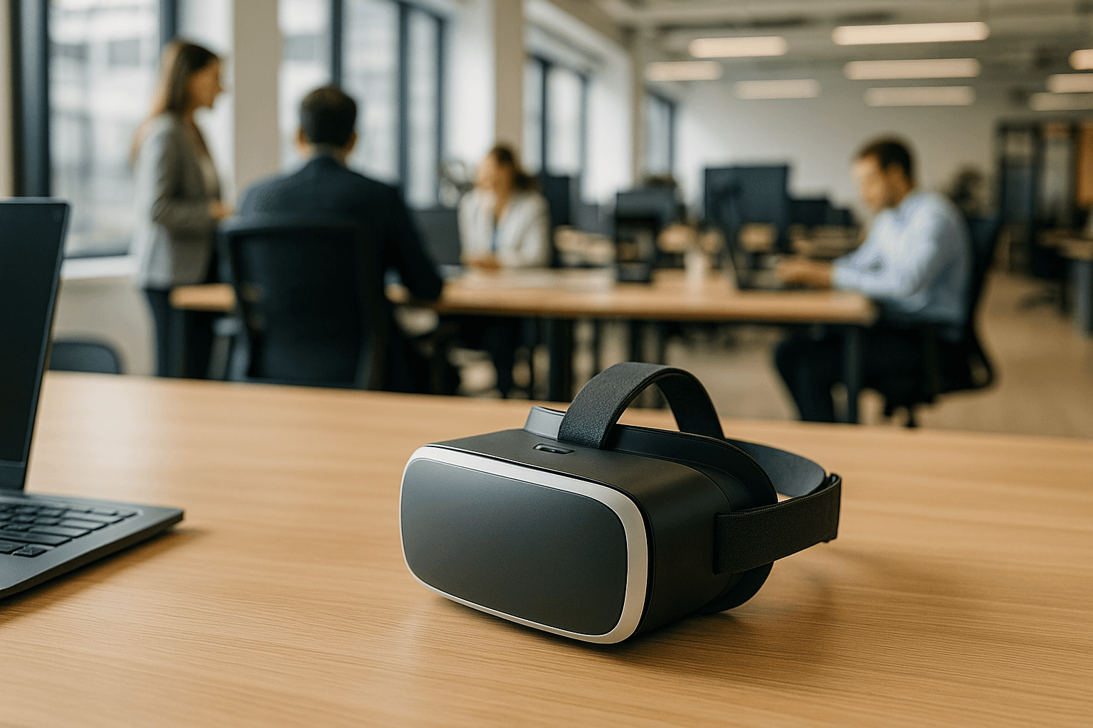 VR headset on an office desk with colleagues working in the background