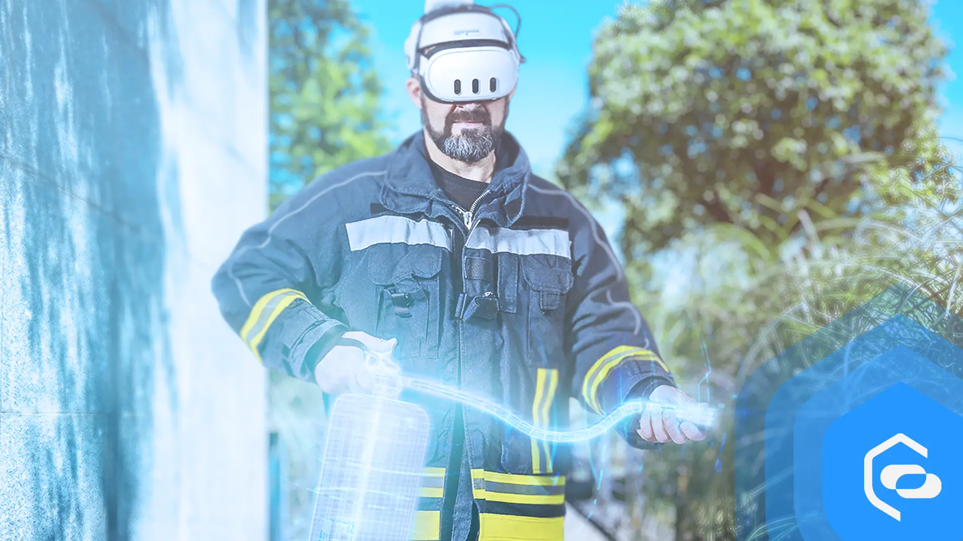 Firefighter undergoing VR training outdoors