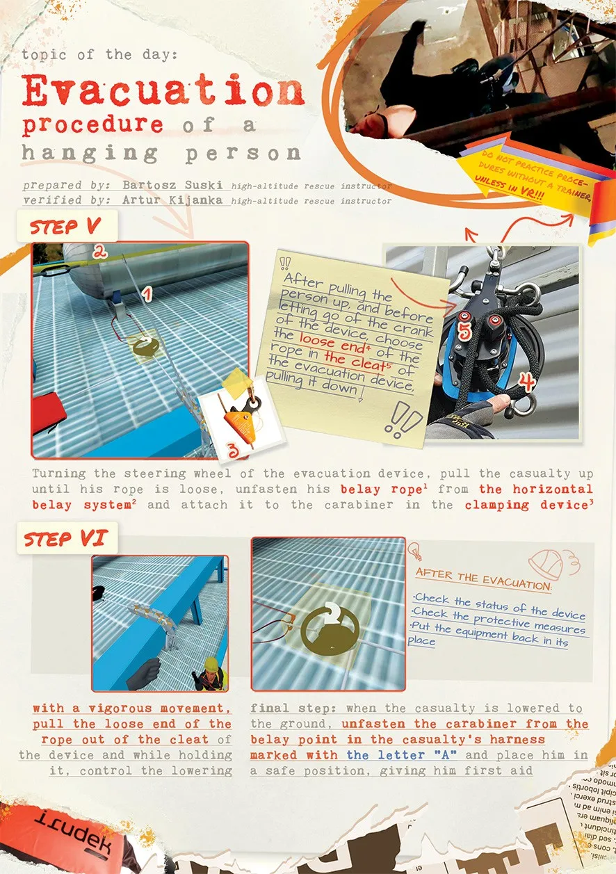 Procedimiento de evacuación de una persona suspendida de su arnés, pasos 5 y 6 (ilustrados con vistas de la formación VR)