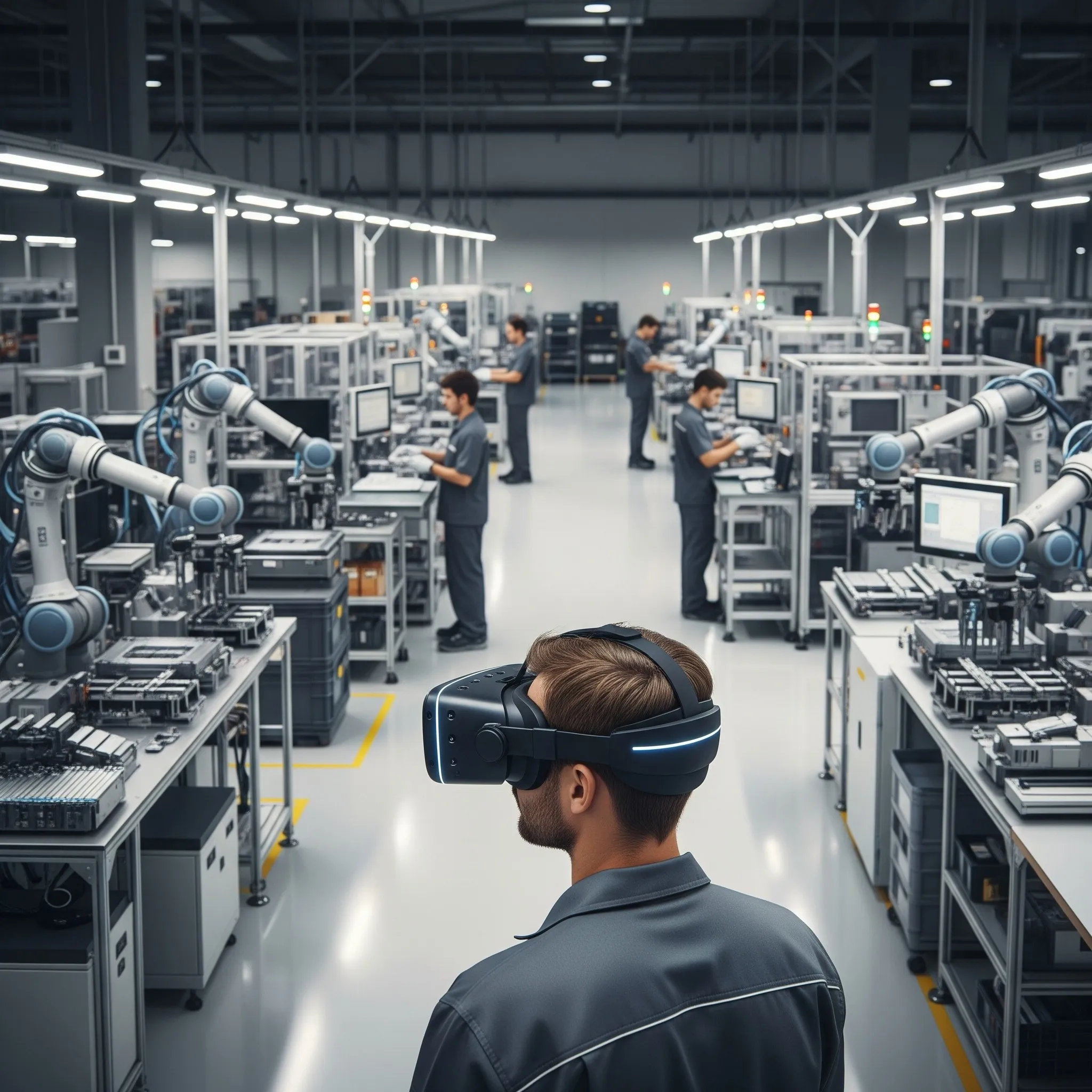 Production worker in a VR headset on a factory floor with robotic arms