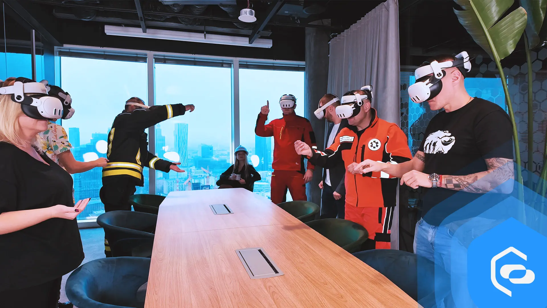 An office with many employees training in VR, while an HSE specialist sits with coffee