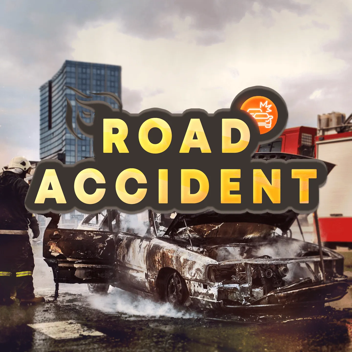 Cover art: Road Accident, burnt-out car and a firefighter