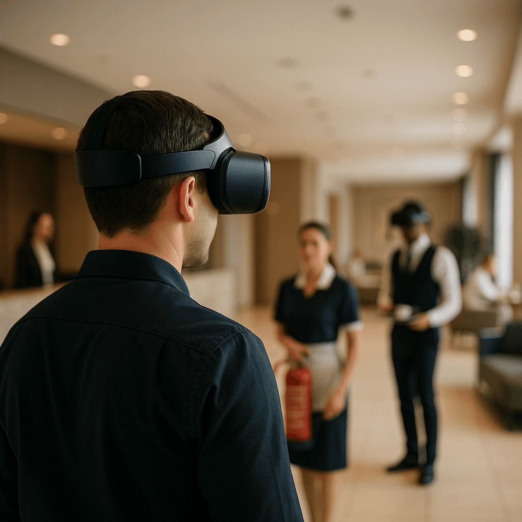 Hotel employee in a VR headset in a lobby with staff and a fire extinguisher nearby