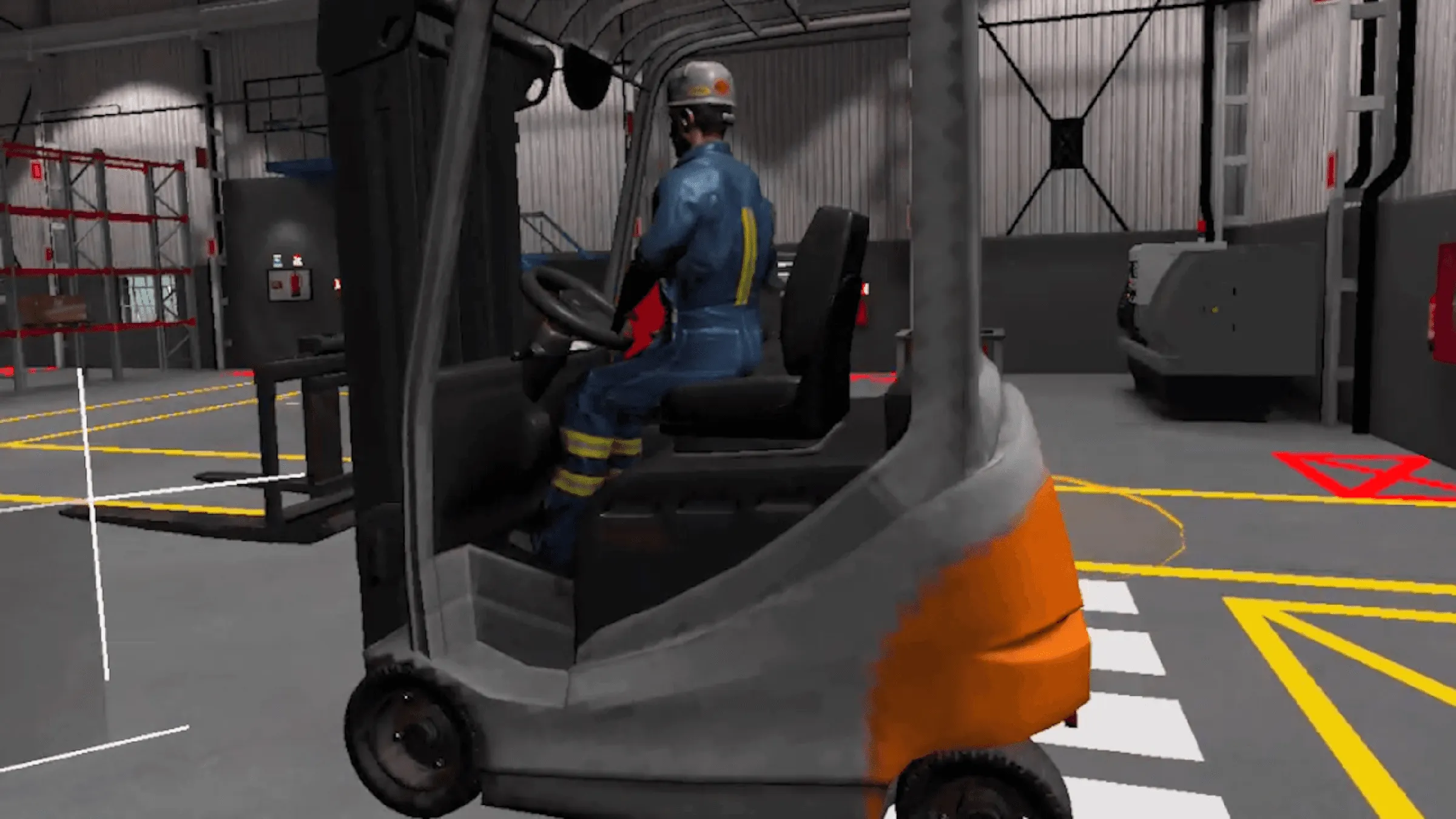 A forklift in a virtual warehouse in an EHS VR training application