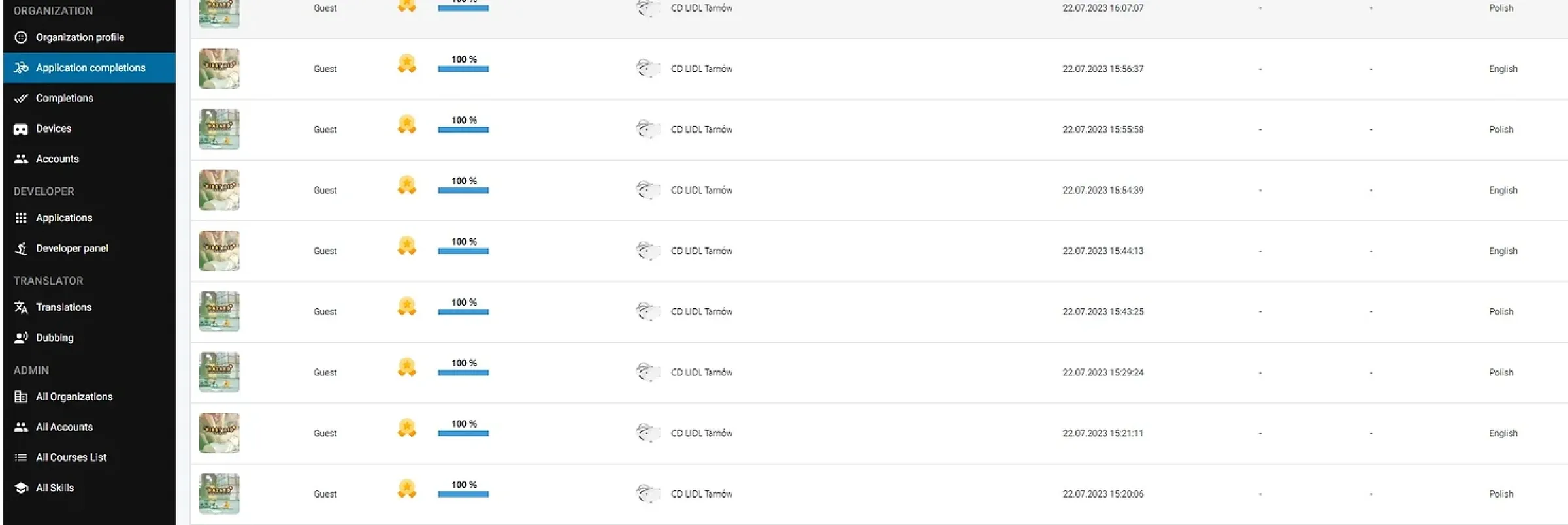 A list of completed training sessions on the Skillsive platform