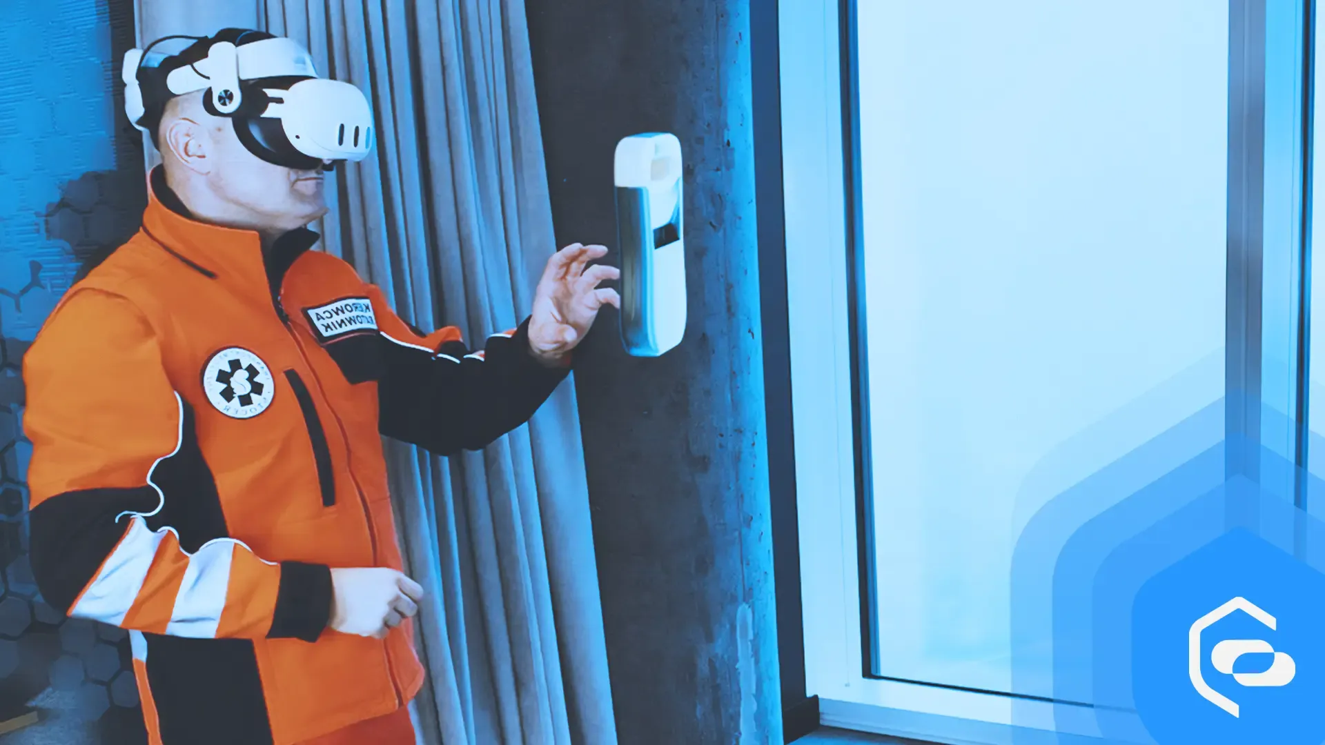 A paramedic wearing a VR headset using a training application