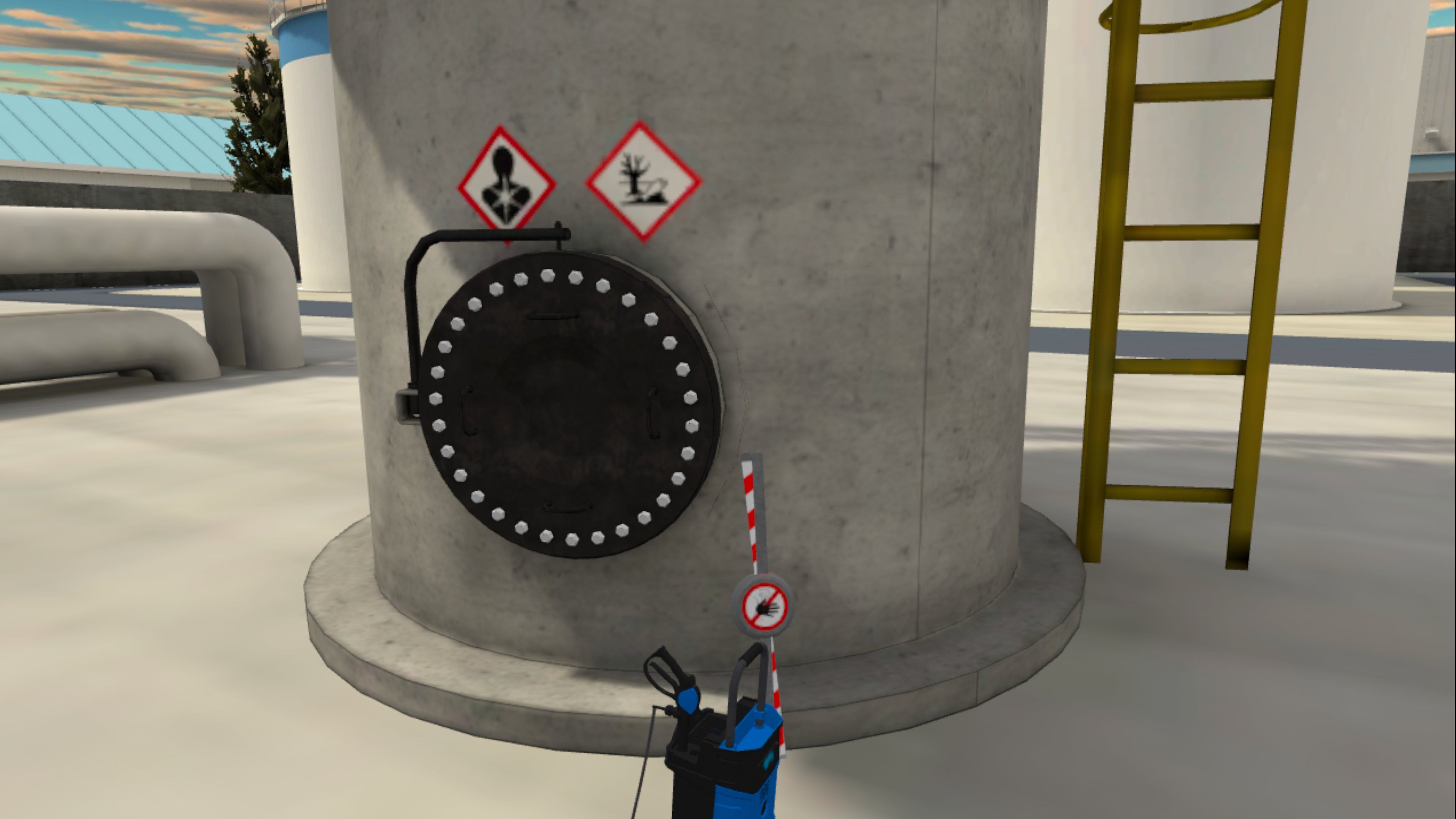 3D environment from the Work in Confined Spaces VR training: a tank with a manhole, hazard signs and a ladder