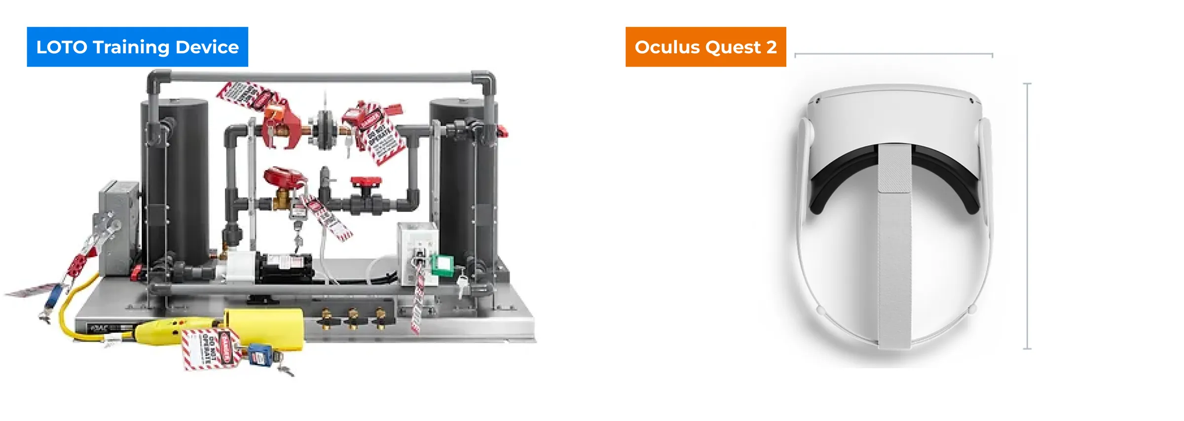 A LOTO training rig next to an Oculus Quest 2 headset, for comparison